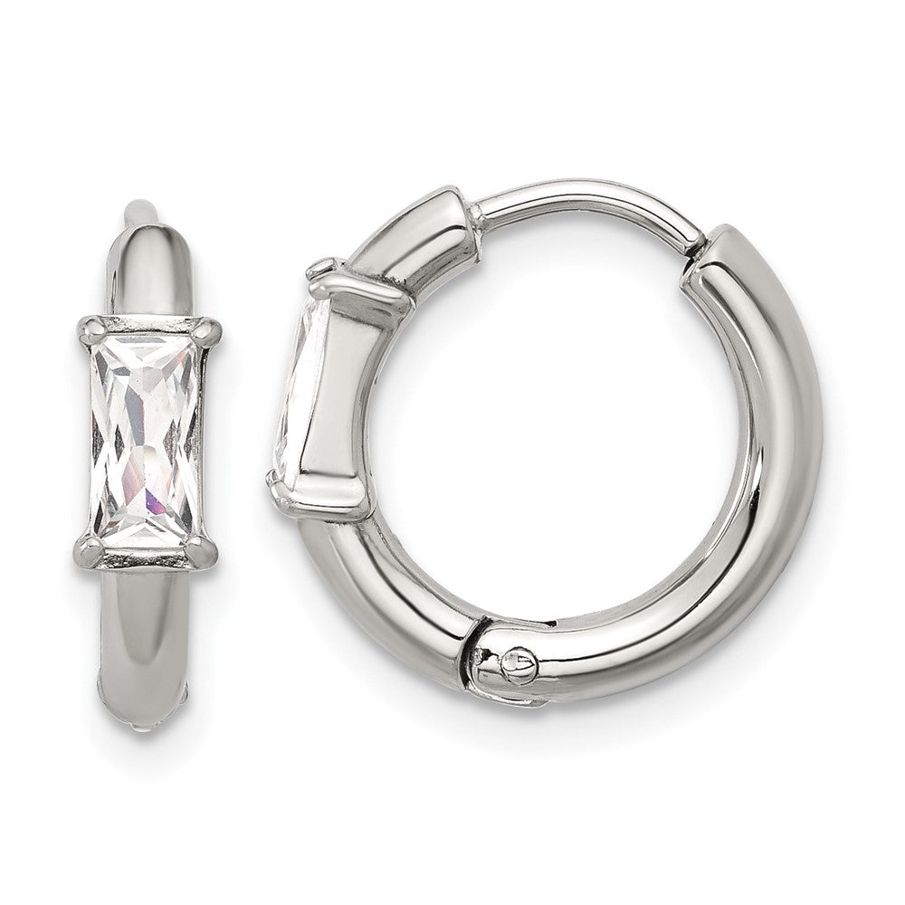 Chisel Stainless Steel Polished Rectangle CZ Hinged Hoop Earrings