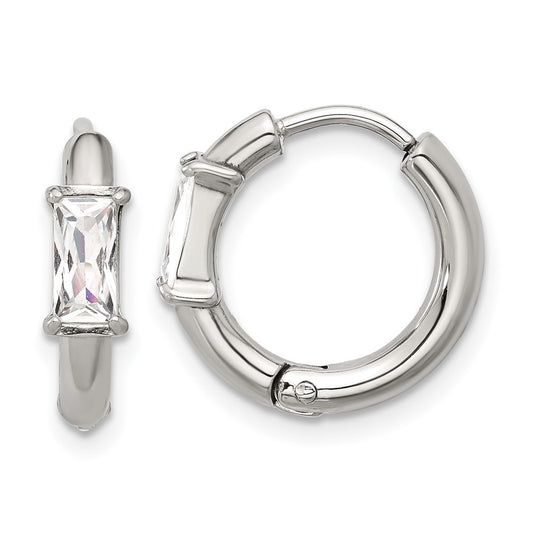 Chisel Stainless Steel Polished Rectangle CZ Hinged Hoop Earrings