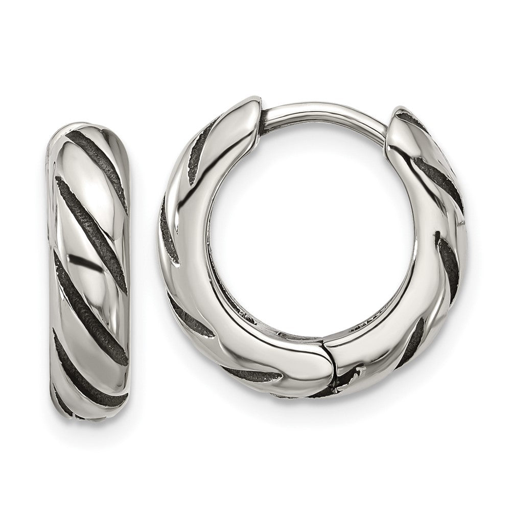 Chisel Stainless Steel Antiqued and Polished Hinged Hoop Earrings