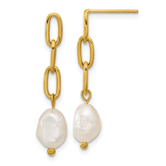 Chisel Stainless Steel Polished Yellow IP-plated Open Chain with Freshwater Cultured Pearl Post Dangle Earrings