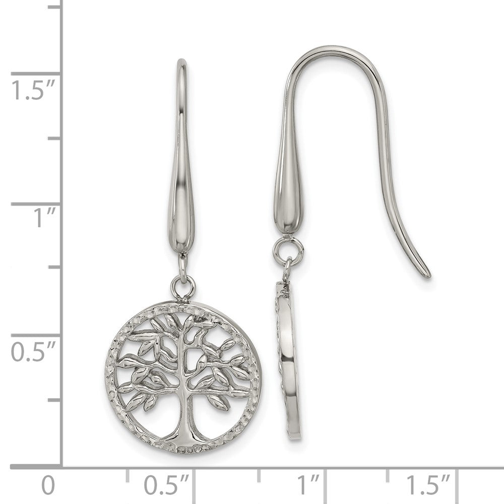 Chisel Stainless Steel Polished and Textured Tree Dangle Shepherd Hook Earrings