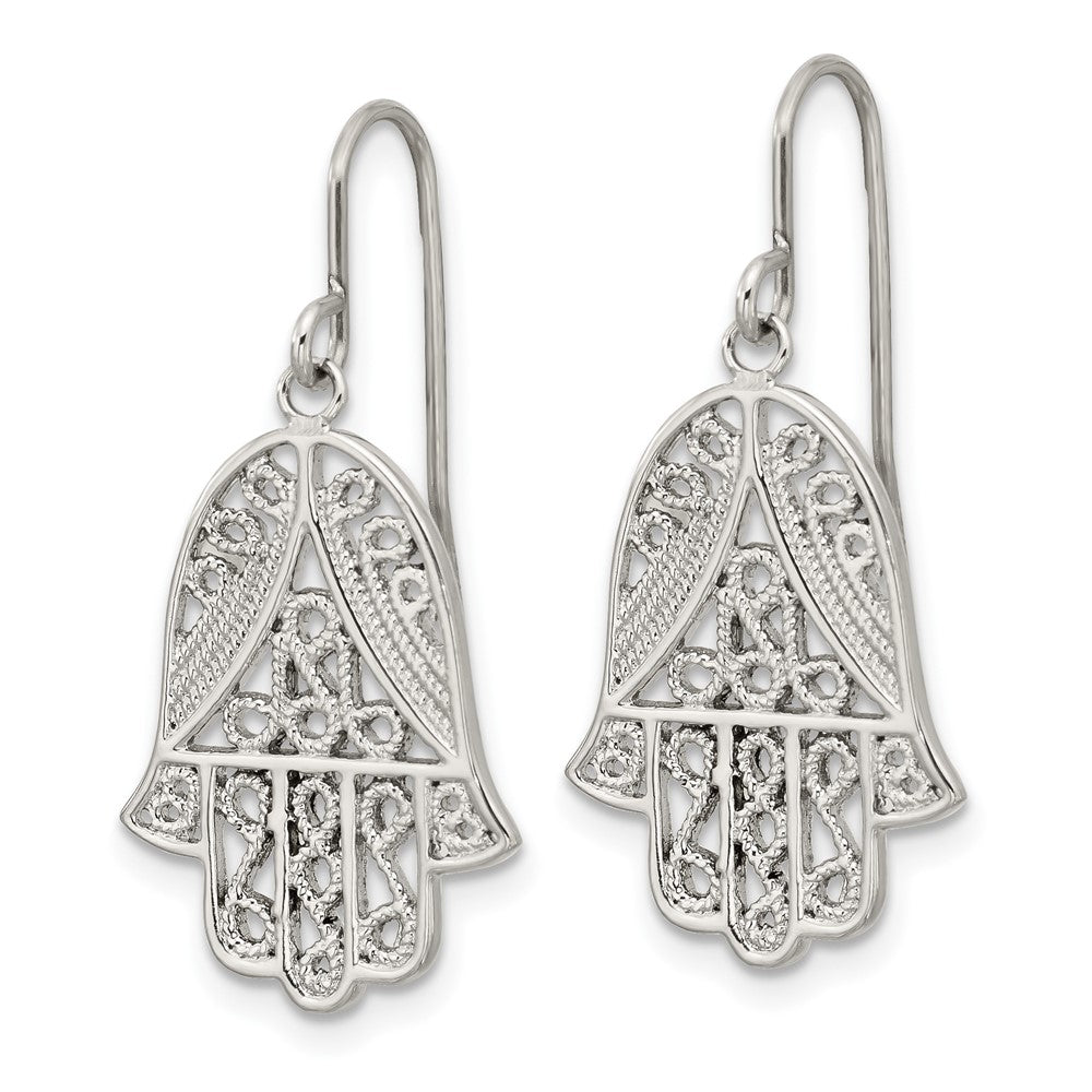 Chisel Stainless Steel Polished and Textured Hamsa Dangle Shepherd Hook Earrings