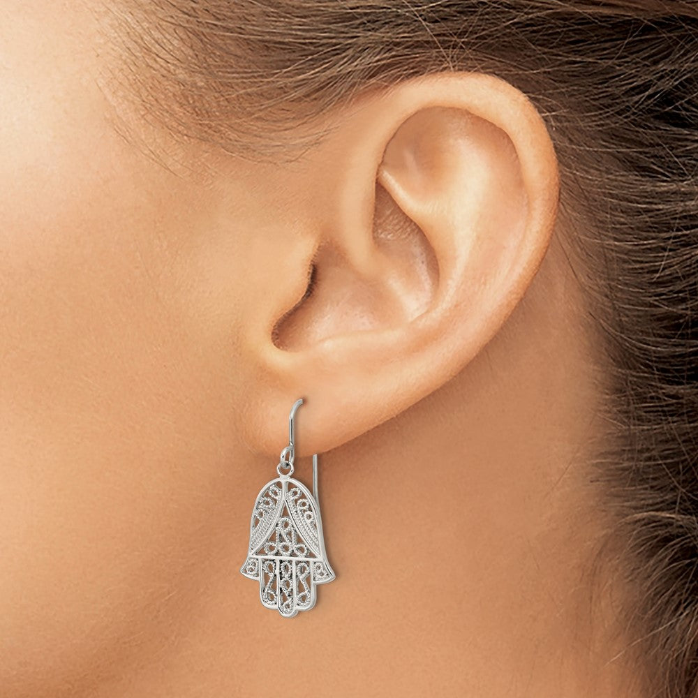 Chisel Stainless Steel Polished and Textured Hamsa Dangle Shepherd Hook Earrings