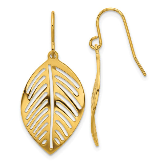 Chisel Stainless Steel Polished Yellow IP-plated Leaf Dangle Shepherd Hook Earrings
