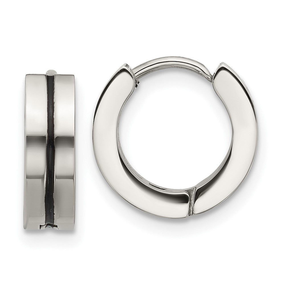 Stainless Steel Polished with Black Resin Center 4mm Hoop Earrings