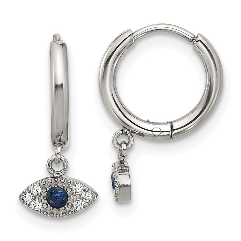 Chisel Stainless Steel Polished Blue and White Zircon Evil Eye Dangle Hinged Hoop Earrings