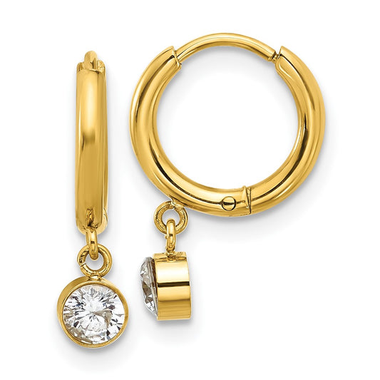 Chisel Stainless Steel Polished Yellow IP-plated White Zircon Dangle Hinged Hoop Earrings