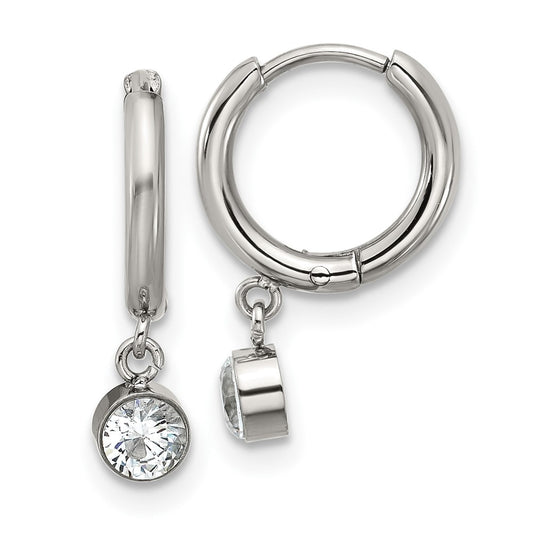 Chisel Stainless Steel Polished White Zircon Dangle Hinged Hoop Earrings