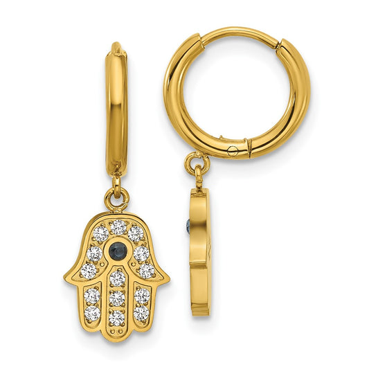 Chisel Stainless Steel Polished Yellow IP-plated Blue and White Zircon Hamsa Dangle Hinged Hoop Earrings