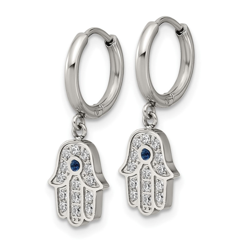 Chisel Stainless Steel Polished Blue and White Zircon Hamsa Dangle Hinged Hoop Earrings