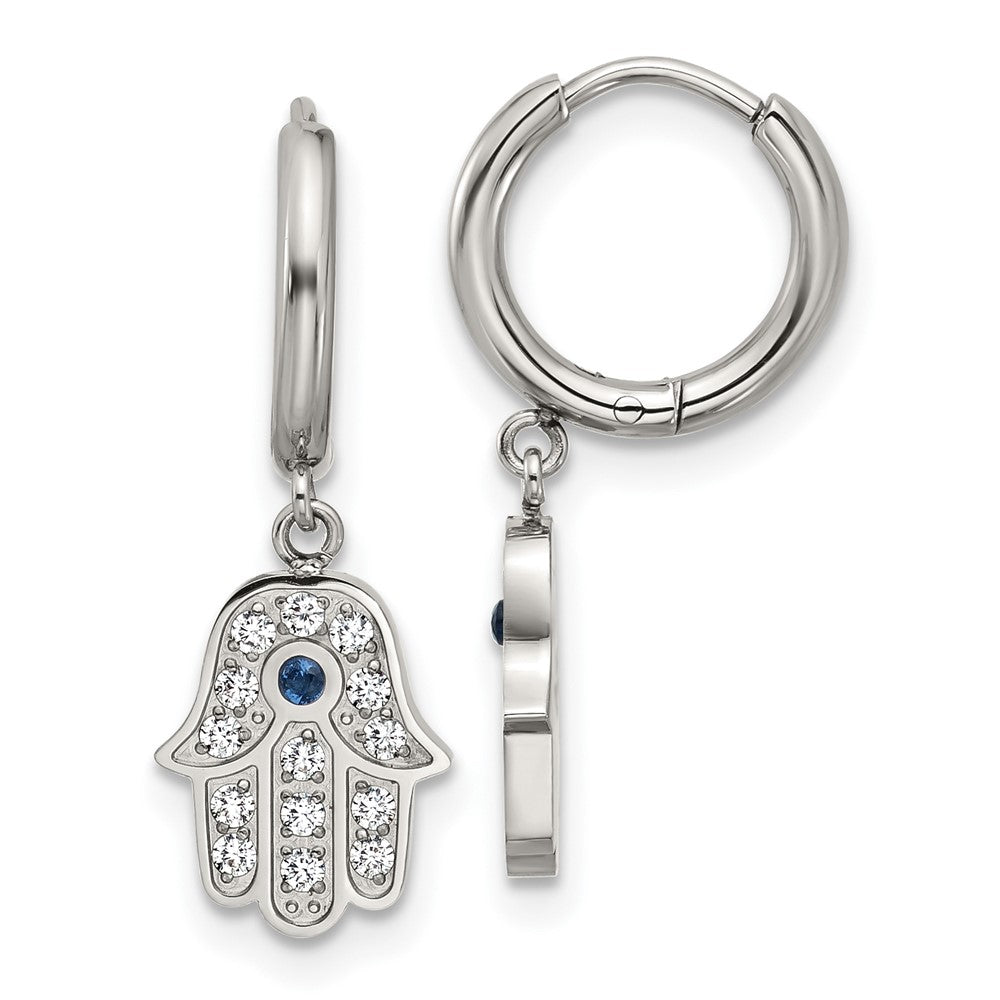 Chisel Stainless Steel Polished Blue and White Zircon Hamsa Dangle Hinged Hoop Earrings