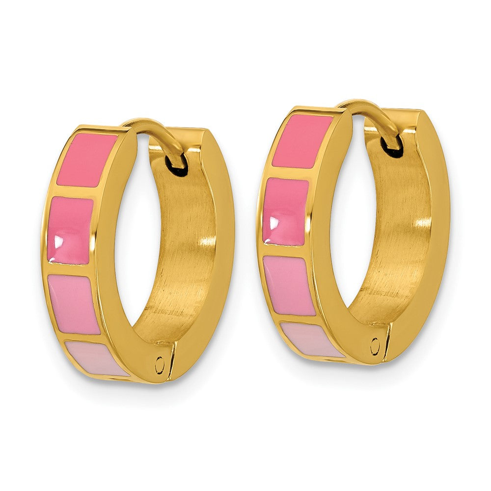 Stainless Steel Polished Yellow IP-plated Pink Enameled Hinged Hoop Earring