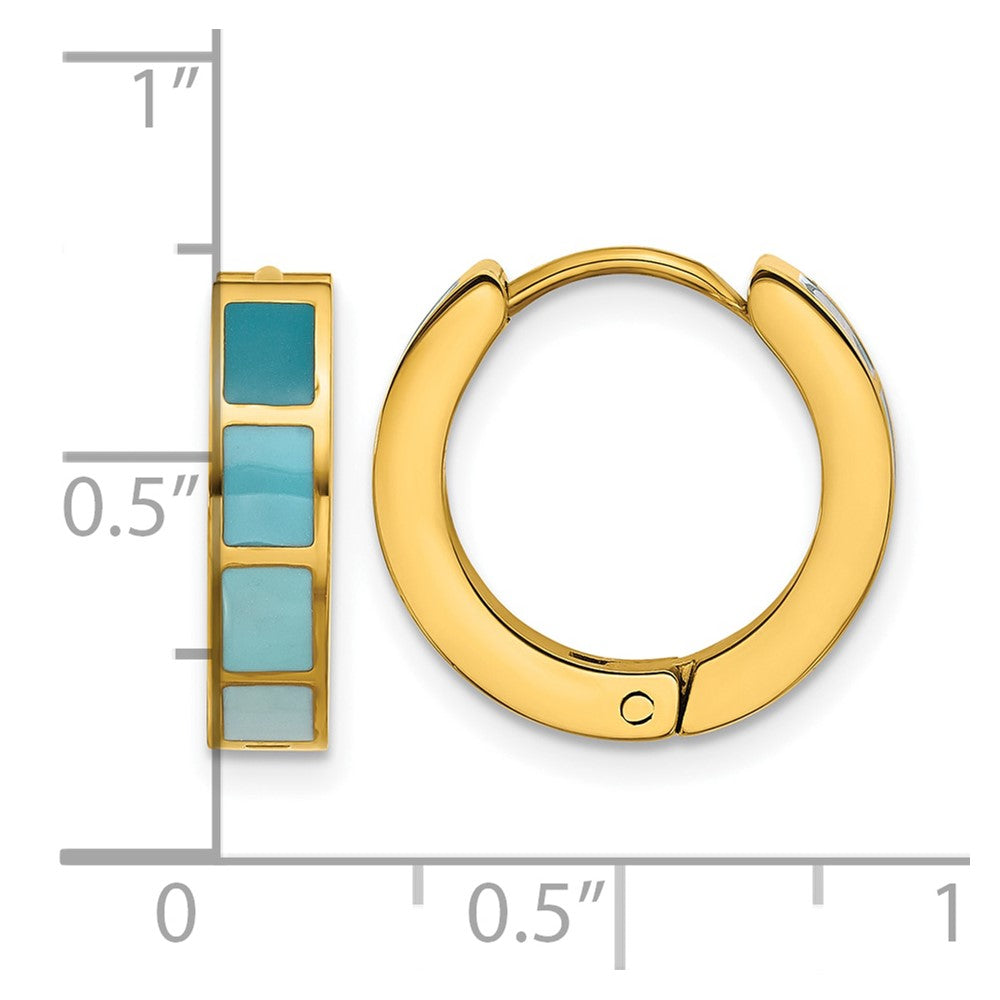 Stainless Steel Polished Yellow IP-plated Blue Enameled Hinged Hoop Earring
