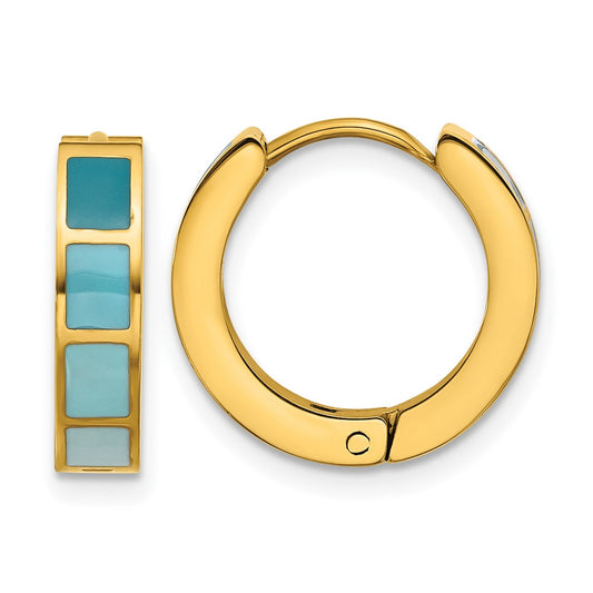 Stainless Steel Polished Yellow IP-plated Blue Enameled Hinged Hoop Earring