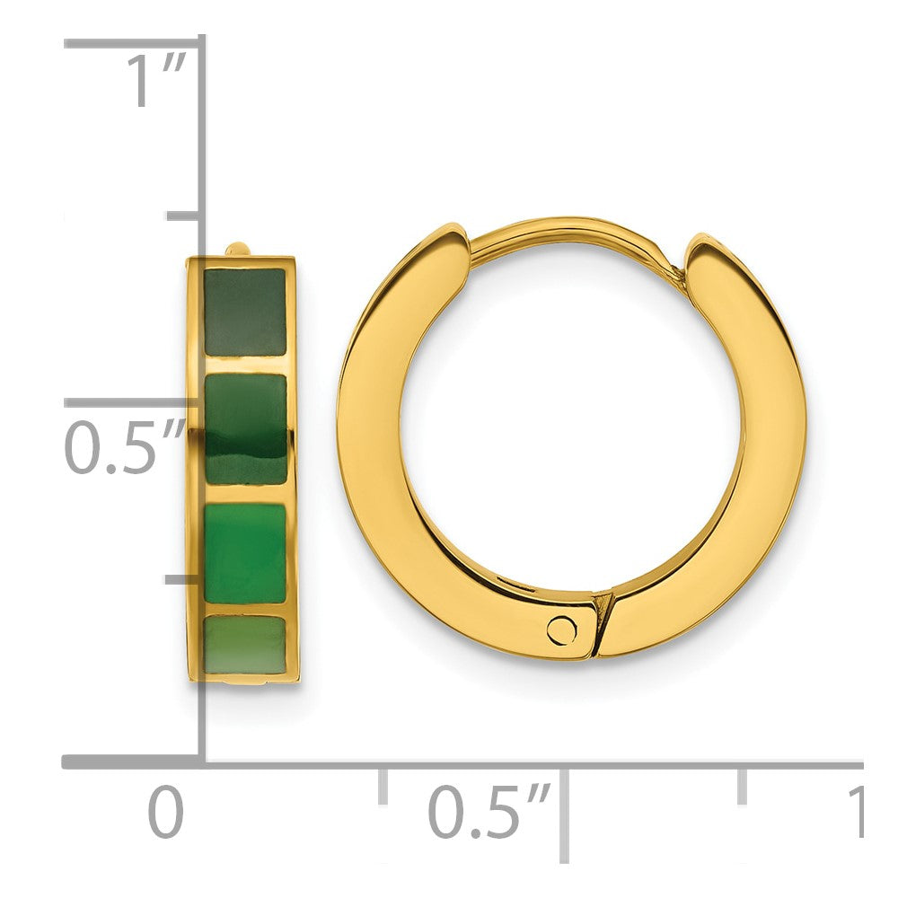 Stainless Steel Polished Yellow IP-plated Green Enameled Hinged Hoop Earrings