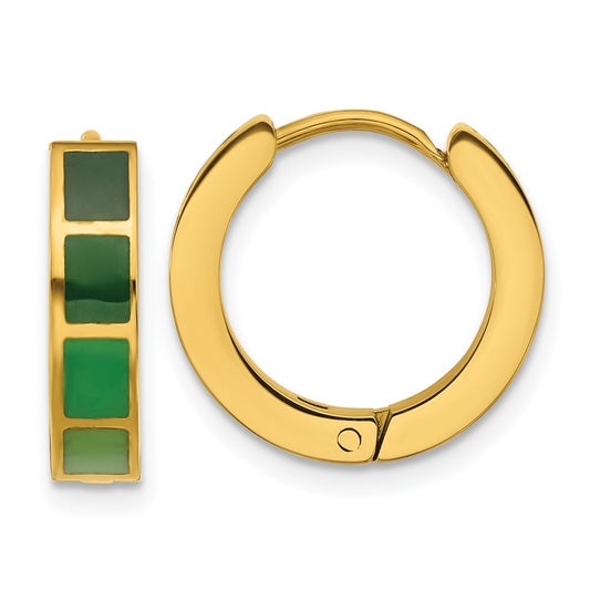 Stainless Steel Polished Yellow IP-plated Green Enameled Hinged Hoop Earrings