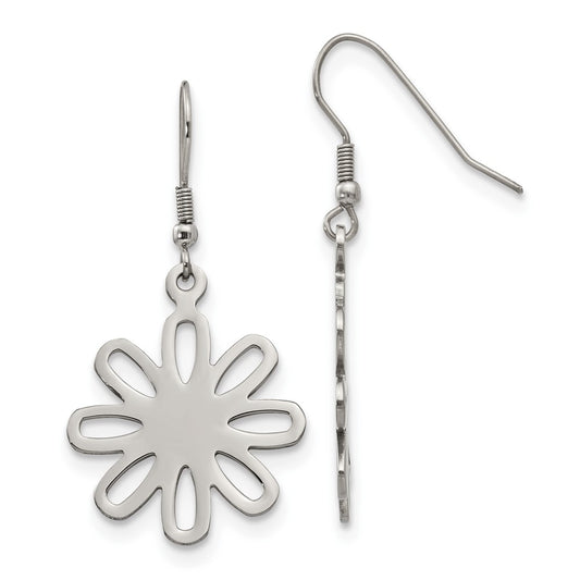 Stainless Steel Polished Large Flower Dangle Shepherd Hook Earrings