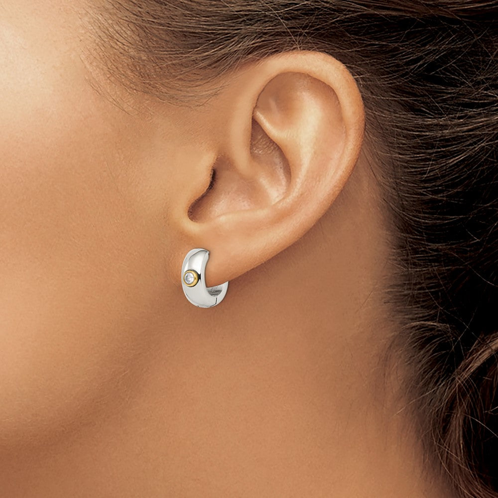 Chisel Stainless Steel Polished Yellow IP-plated with CZ 7mm Hinged Hoop Earrings