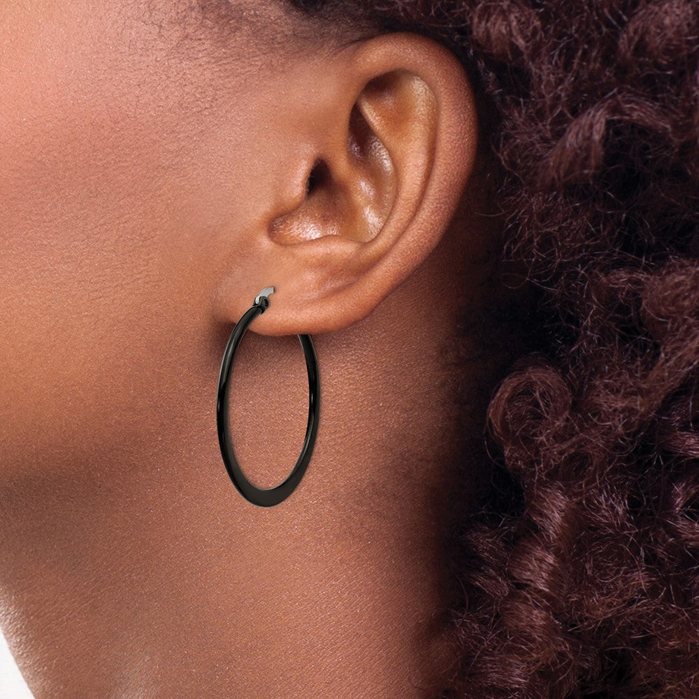Chisel Stainless Steel Polished Black IP-plated 34mm Diameter 2mm Hoop Earrings