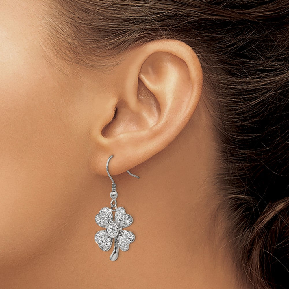Chisel Stainless Steel Polished with CZ 4-Leaf Clover Dangle Shepherd Hook Earrings