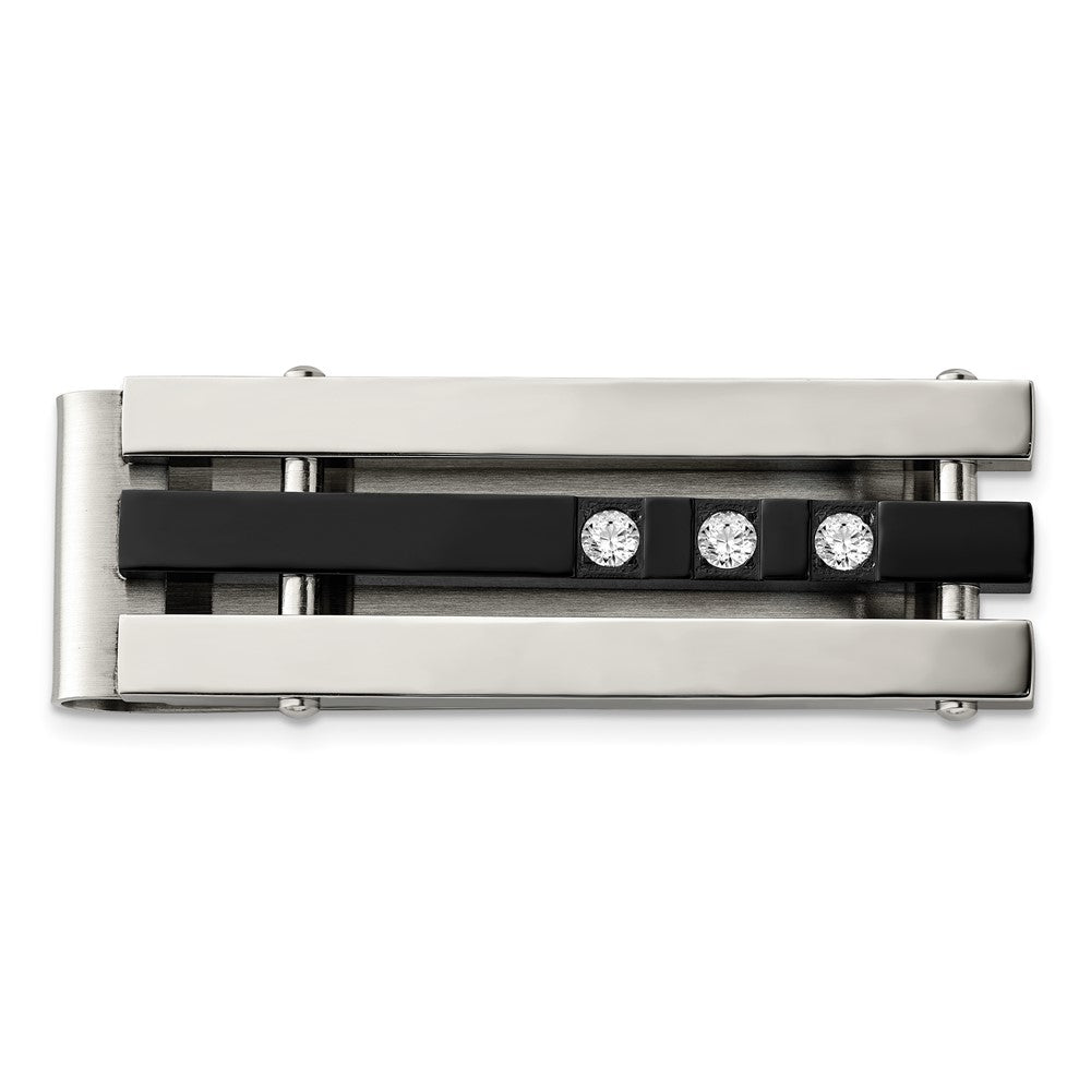 Chisel Stainless Steel Polished Black IP-plated with CZ Money Clip
