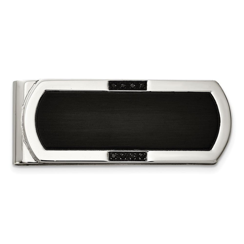 Chisel Stainless Steel Brushed and Polished Black IP-plated with Black CZ Money Clip