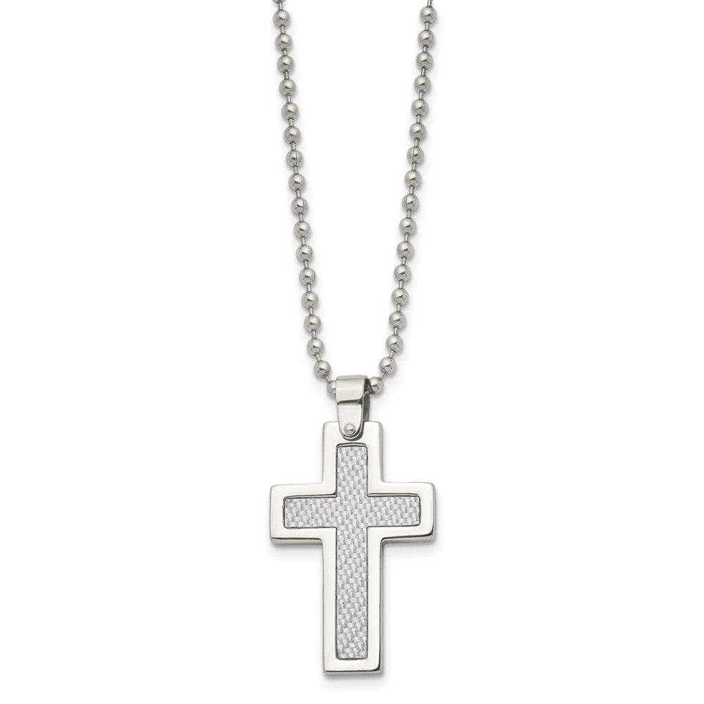 Chisel Stainless Steel Polished with Grey Carbon Fiber Inlay Cross Pendant on a 22 inch Ball Chain Necklace
