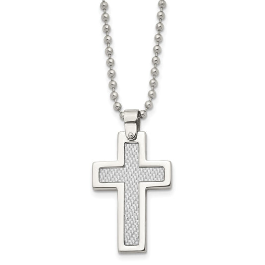 Chisel Stainless Steel Polished with Grey Carbon Fiber Inlay Cross Pendant on a 22 inch Ball Chain Necklace