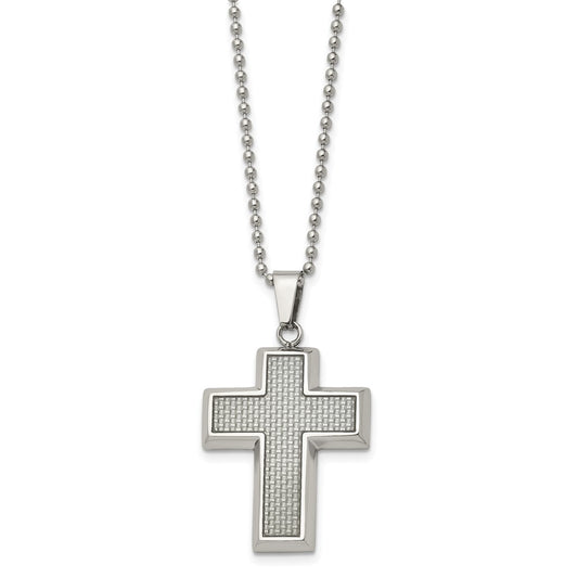 Chisel Stainless Steel Polished with Grey Carbon Fiber Inlay Cross Pendant on a 22 inch Ball Chain Necklace