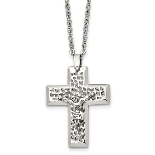 Chisel Stainless Steel Polished and Textured Crucifix Pendant on a 20 inch Cable Chain Necklace