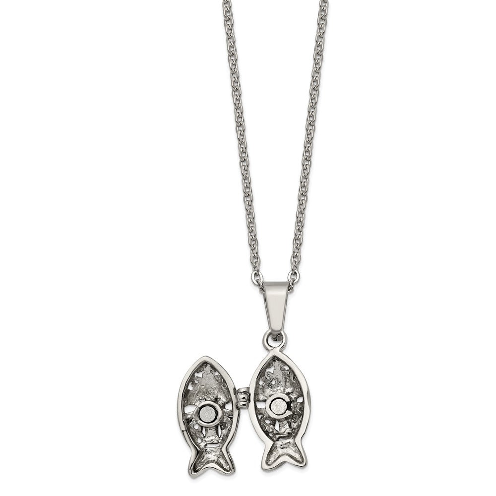 Chisel Stainless Steel Polished and Antiqued Magnetic Fish Prayer Box on an 18 inch Cable Chain Necklace