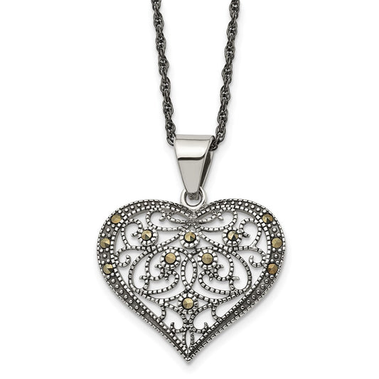 Chisel Stainless Steel Antiqued and Polished with Marcasite Heart Pendant on a 20 inch Singapore Chain Necklace