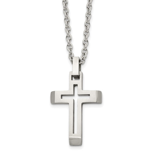 Chisel Stainless Steel Brushed and Polished Cut-out Cross Pendant on a 20 inch Cable Chain Necklace