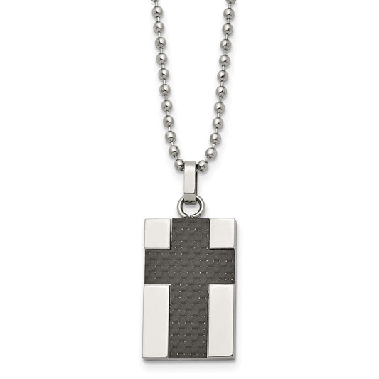 Chisel Stainless Steel Polished Carbon Fiber Inlay Cross Pendant on a 22 inch Ball Chain Necklace