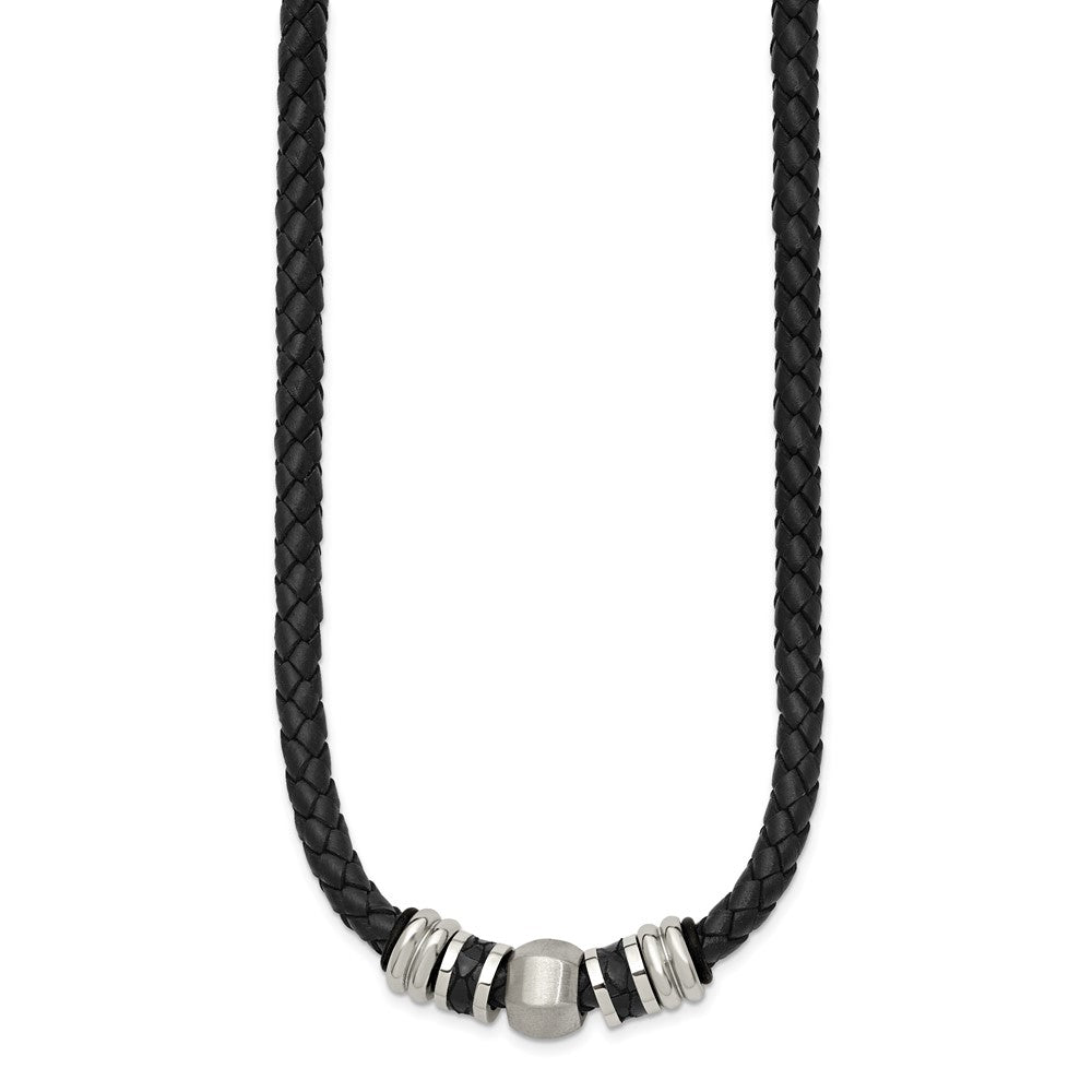 Chisel Stainless Steel Brushed and Polished Black Leather and Rubber 19 inch Necklace