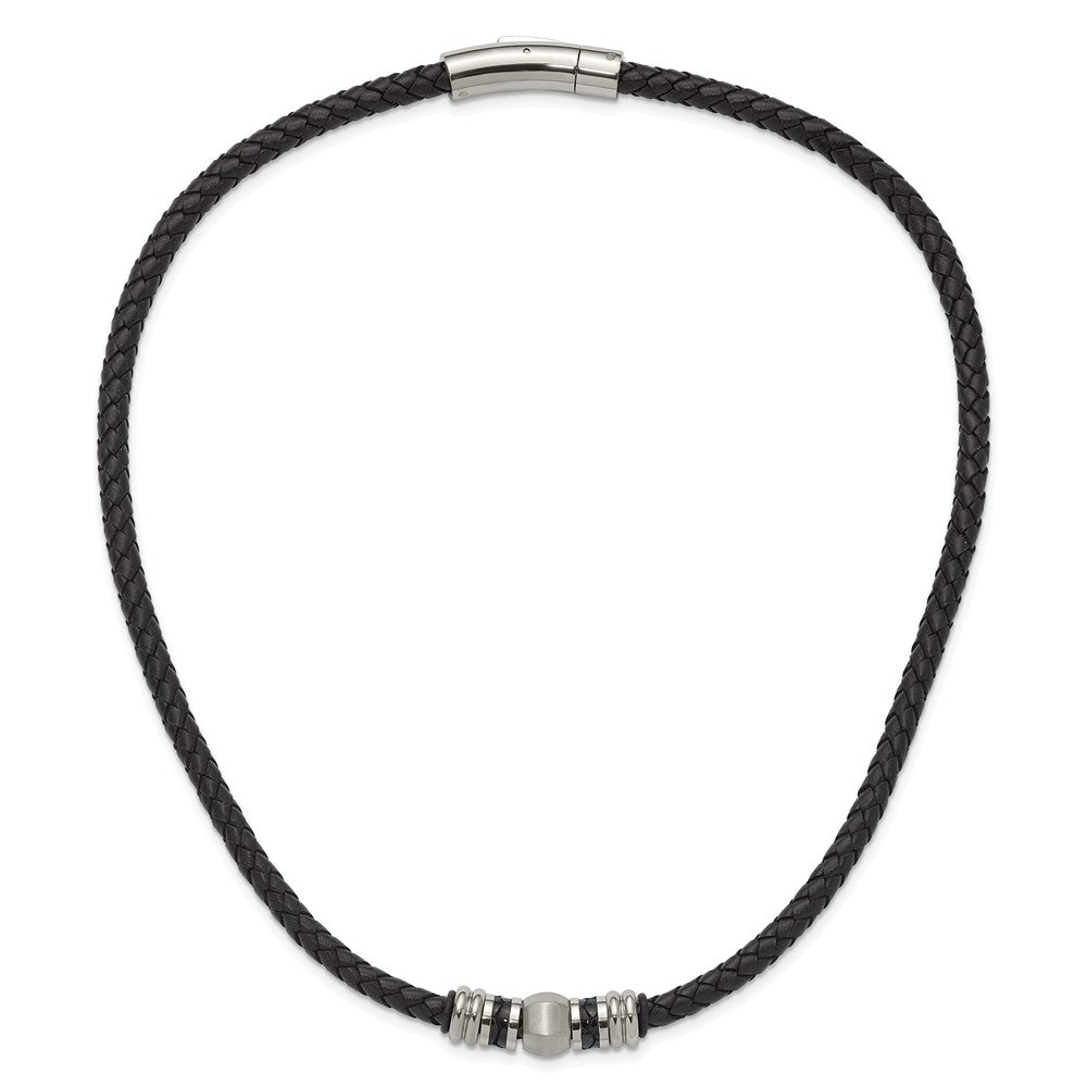Chisel Stainless Steel Brushed and Polished Black Leather and Rubber 19 inch Necklace