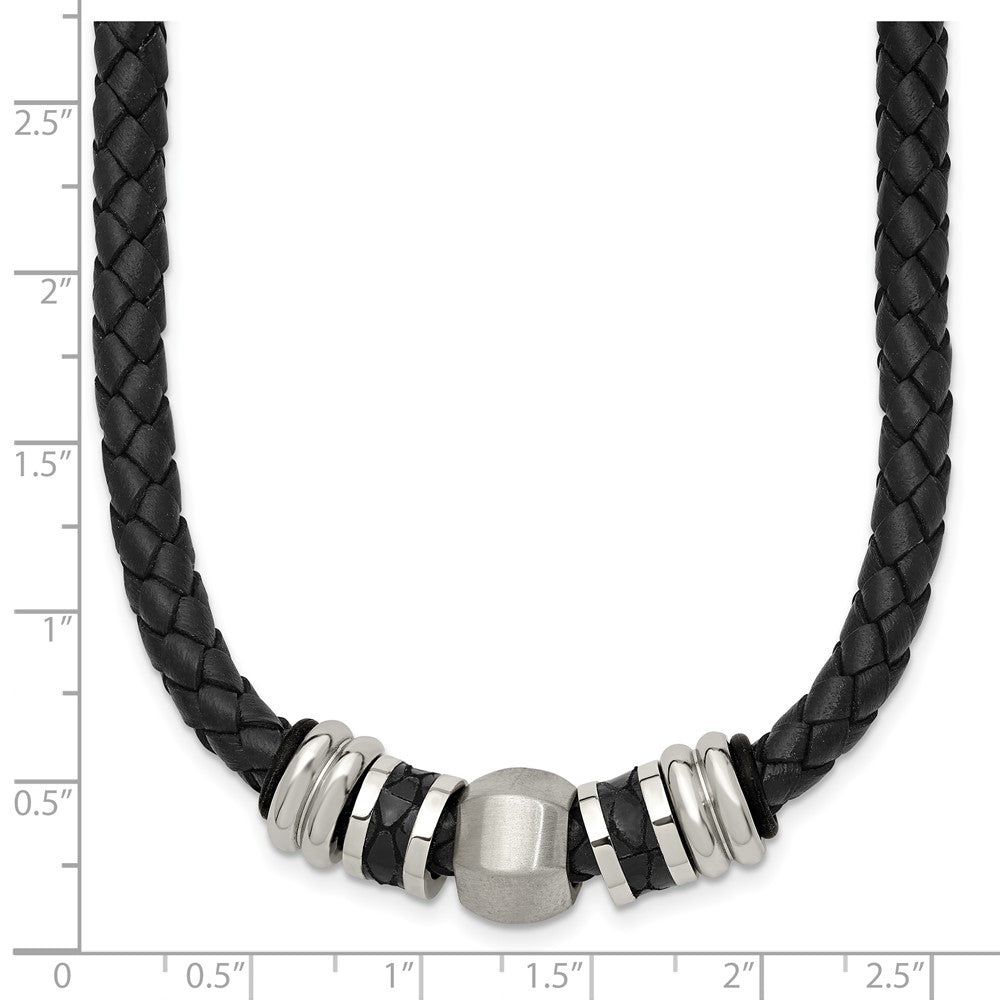 Chisel Stainless Steel Brushed and Polished Black Leather and Rubber 19 inch Necklace