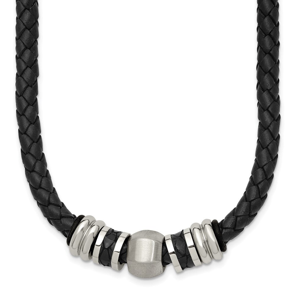 Chisel Stainless Steel Brushed and Polished Black Leather and Rubber 19 inch Necklace