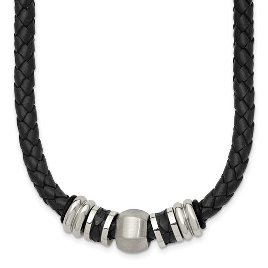 Chisel Stainless Steel Brushed and Polished Black Leather and Rubber 19 inch Necklace