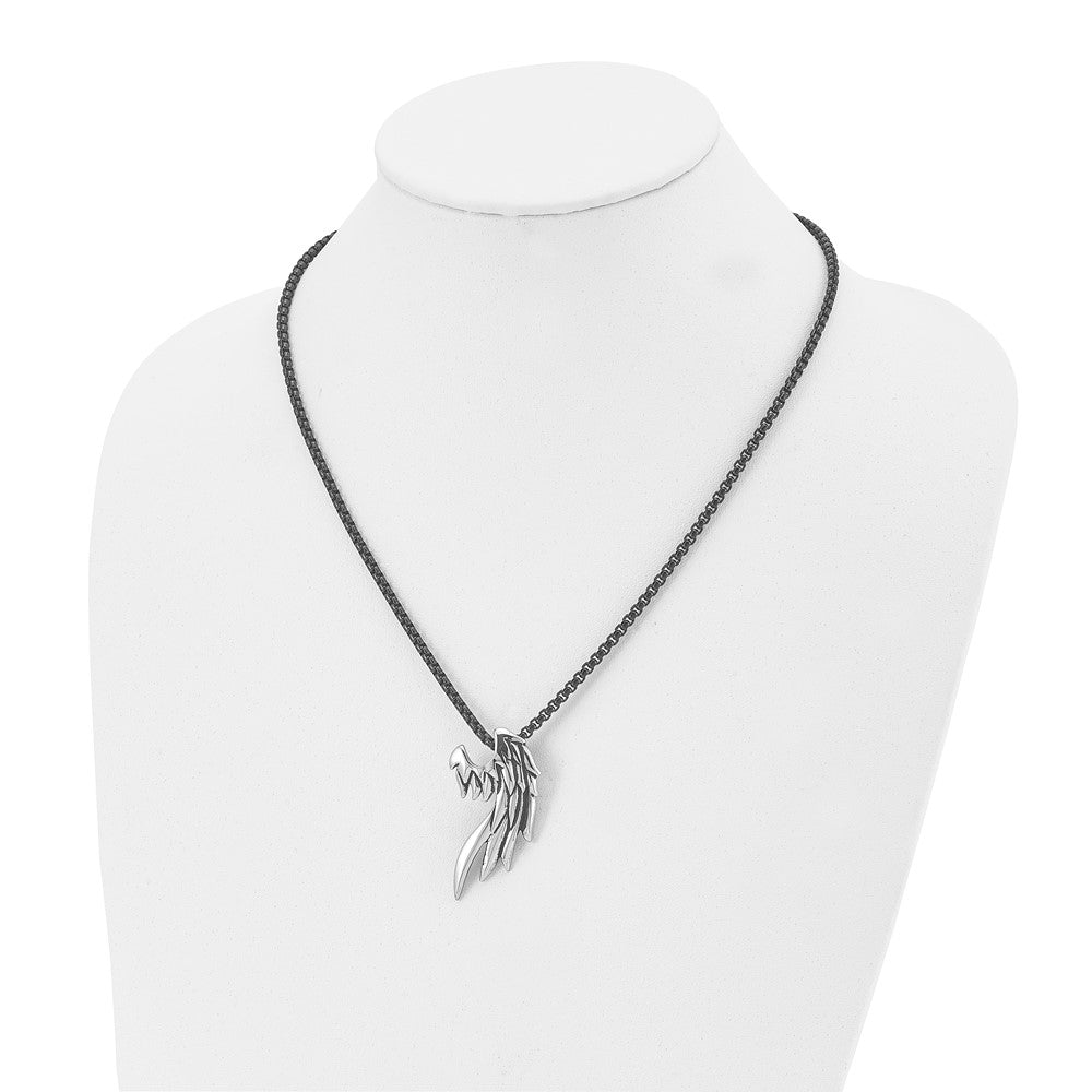 Chisel Stainless Steel Antiqued and Polished Wing Slide on a Black IP-plated 20 inch Ball Chain Necklace