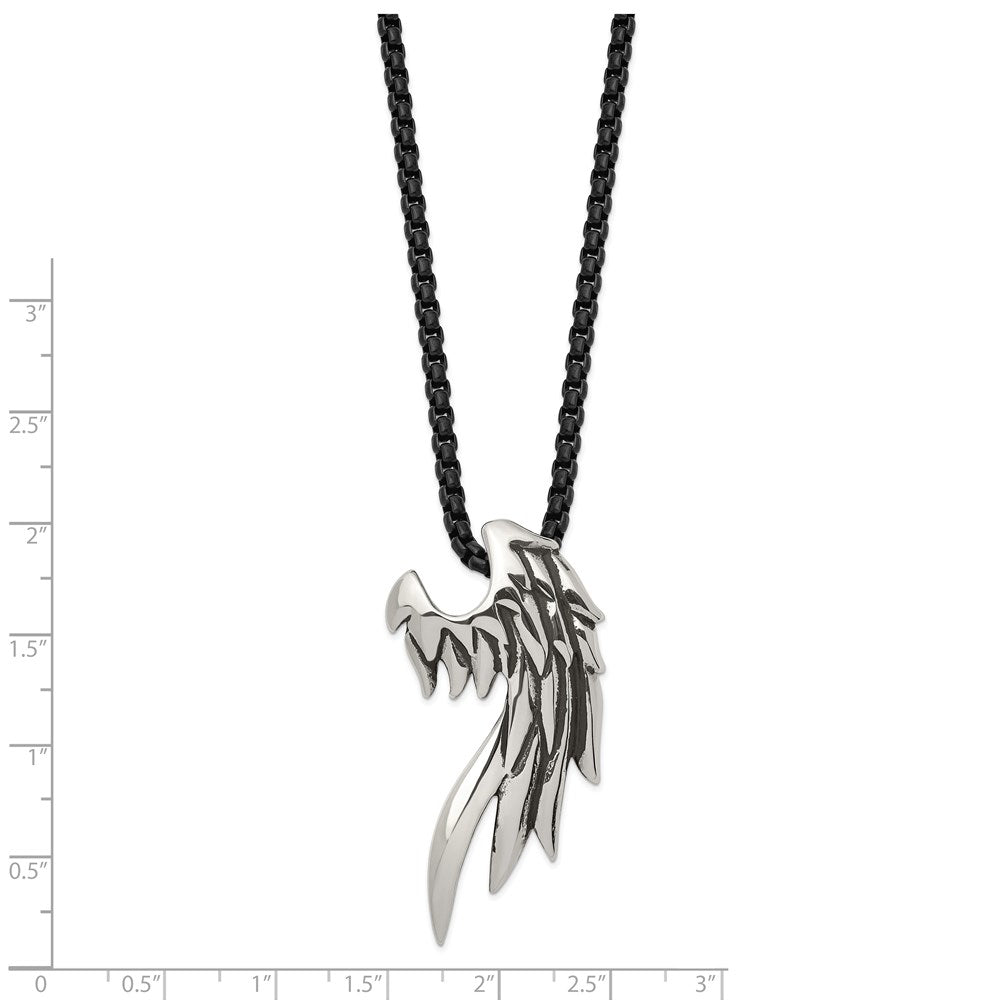 Chisel Stainless Steel Antiqued and Polished Wing Slide on a Black IP-plated 20 inch Ball Chain Necklace