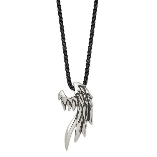 Chisel Stainless Steel Antiqued and Polished Wing Slide on a Black IP-plated 20 inch Ball Chain Necklace