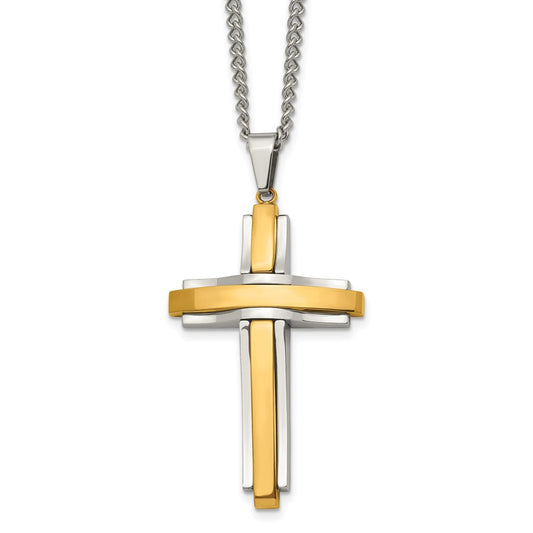 Chisel Stainless Steel Polished Yellow IP-plated Cross Pendant on a 24 inch Curb Chain Necklace