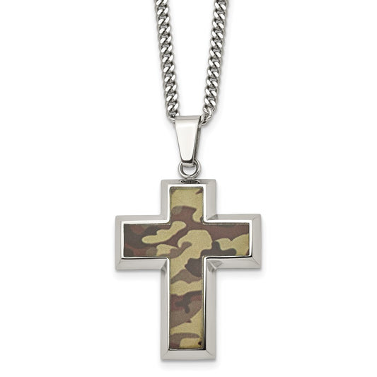 Chisel Stainless Steel Polished Printed Brown Camo Under Rubber Cross Pendant on a 22 inch Curb Chain Necklace