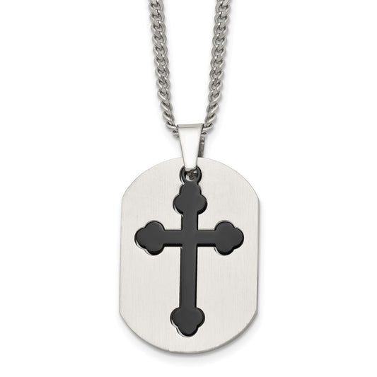Chisel Stainless Steel Brushed and Polished Black IP-plated 2 Piece Cross and Dog Tag on a 22 inch Curb Chain Necklace