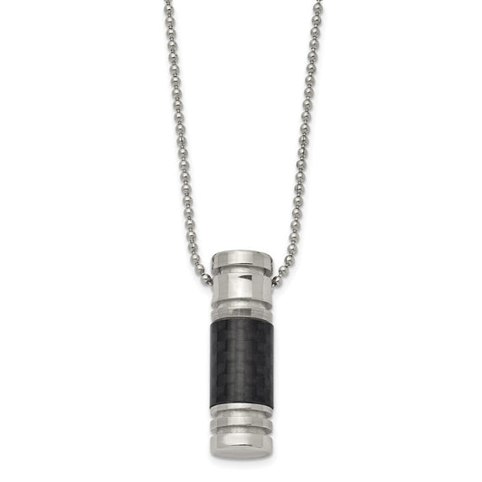 Chisel Stainless Steel Polished with Black Carbon Fiber Inlay Cylinder on a 22 inch Ball Chain Necklace