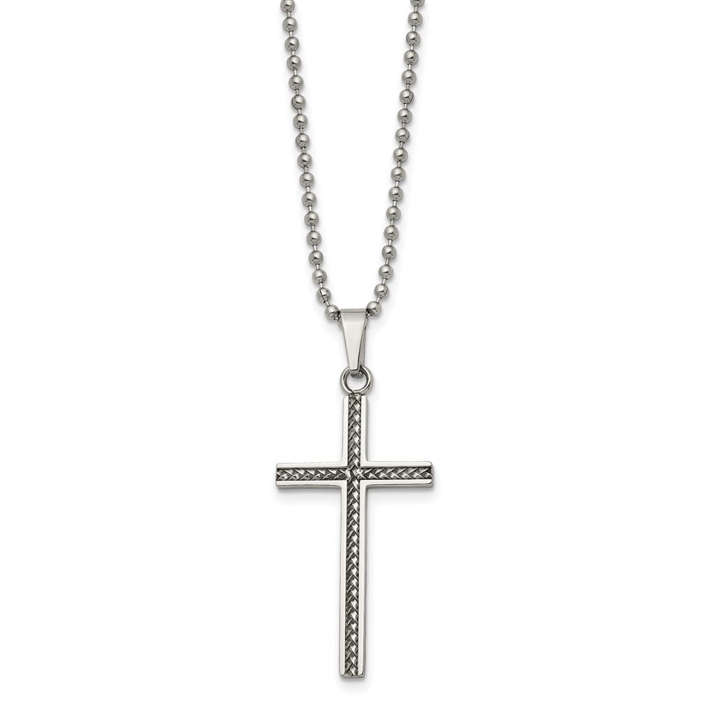 Chisel Stainless Steel Polished and Textured Braided Design Cross Pendant on a 20 inch Ball Chain Necklace