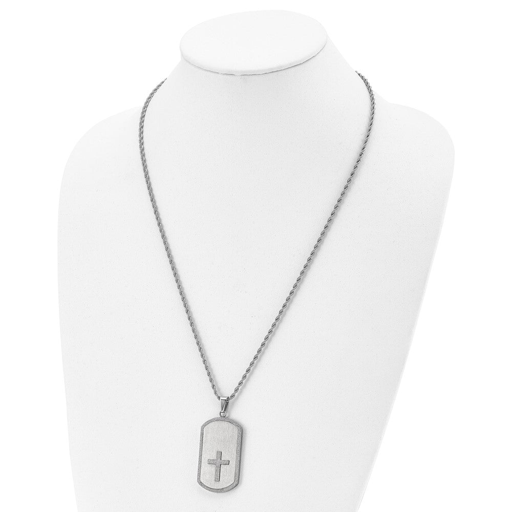 Chisel Stainless Steel Brushed Laser Cut Edges and Cross Dog Tag on a 24 inch Rope Chain Necklace