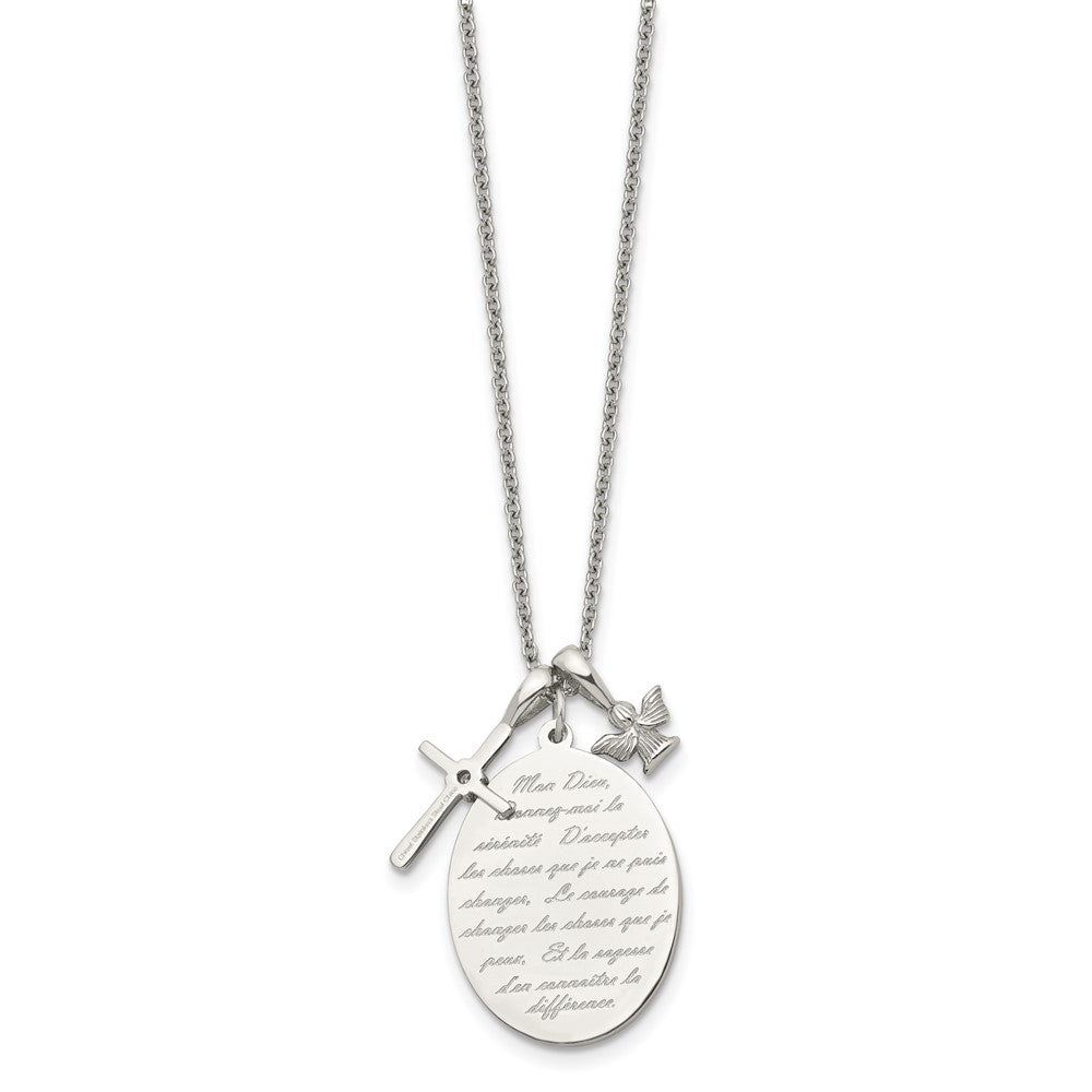 Chisel Stainless Steel Polished French Serenity Prayer with CZ Cross and Angel Pendants on an 18 inch Plus a 2 inch Extension Cable Chain Necklace