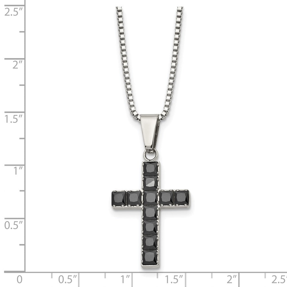 Chisel Stainless Steel Polished with Black Square CZ Cross Pendant on an 18 inch Box Chain Necklace